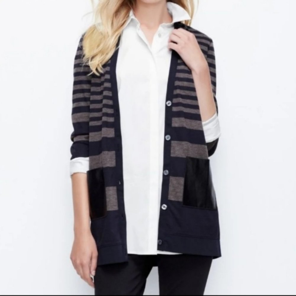 NWT Striped Faux Leather Pocket Cardigan size Medium, color dark sky